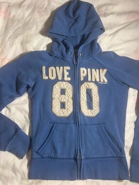Victoria's Secret PINK Blue Kids Zip-Up Hoodie with Cream Applique